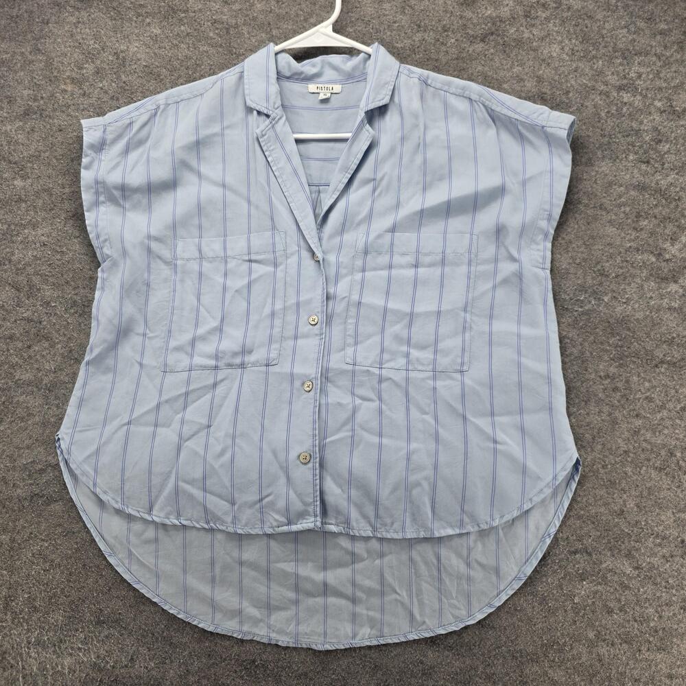 Pistola Button-Up Womens XS Blue Tunic Short Sleeve Collared Striped Pockets